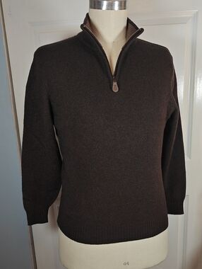 Jos A Bank Mens Large Dark Brown Lambswool Blend Half Zip Knit Pullover Sweater
